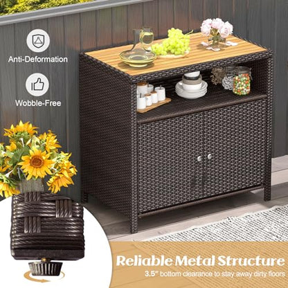 Tangkula Rattan Outdoor Storage Cabinet, Patiojoy Outdoor Cabinet with Acacia Wood Countertop, Open Compartment, 2-Door Wicker Sideboard, Outdoor Bar for Patio Garden Backyard Poolside (Mix Brown)