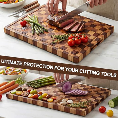 BIEOFFEI Checkered Cutting Board with Stand, Dual-Sided Wood Cutting Board with Juice Groove, 16.5x11.6 Inch Butcher Block Serving Tray, Chopping Board for Kitchen Gifts