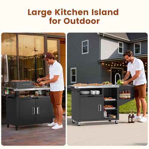 NUUK Outdoor Grill Cart on Wheel, Pizza Oven Table with Sink & Storage, 20"x42" Stainless Steel Prep Table Kitchen Island Cabinet for Backyard BBQ