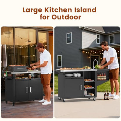 NUUK Outdoor Grill Cart on Wheel, Pizza Oven Table with Sink & Storage, 20"x42" Stainless Steel Prep Table Kitchen Island Cabinet for Backyard BBQ