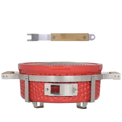 AUPLEX Yakitori Ceramic Charcoal Grill, Square Japanese Style Tabletop BBQ Gill With Grid Lifter For Indoor/Outdoor, 16"x9", Red