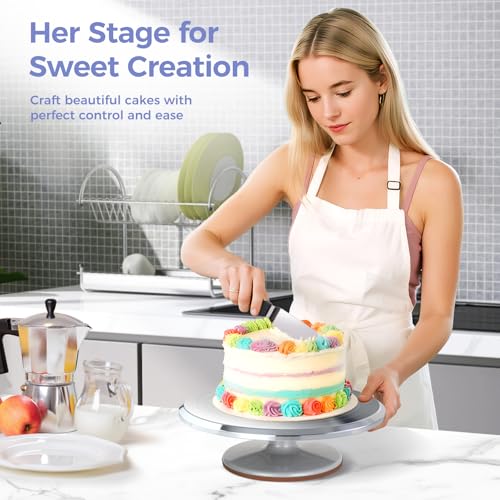 Cake Turntable, Ohuhu Aluminium 12'' Cake Decorating Kit Supplies Rotating Stand Revolving Spinner with 2 Icing Spatula 3 Comb Smoother