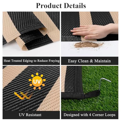 Vaukki Waterproof Outdoor Rug 5x8, Reversible Striped Patio Rug, Lightweight Plastic Straw Camping Mat, Indoor Outdoor RV Carpet for Outsides, Patio, Camping, Balcony, RV and Deck, Black and Beige