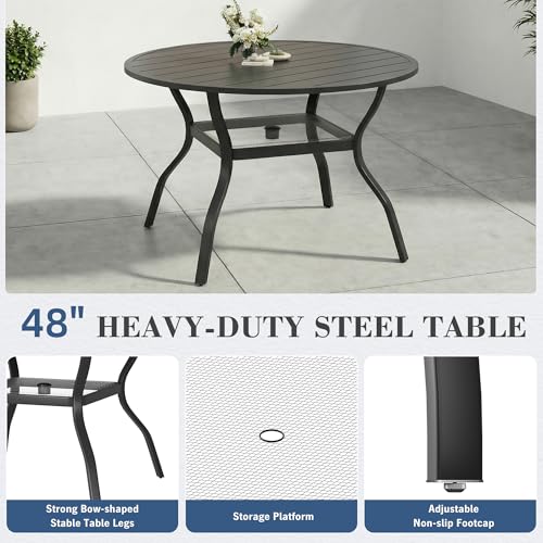 HOMREST 5 Piece Outdoor Patio Dining Table Set of 4,48" Round Metal Table with 4 Stackable Patio Chairs,All-Weather Patio Furniture Set with Umbrella Hole & Storage Shelf for Outside, Brown