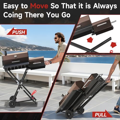 kscocinaBBQ Portable Charcoal Grill with Smoking Function, Foldable Suitcase Design with Wheels, Multi-Tier Storage Rack & Waterproof Cover for Outdoor BBQ Parties (Khaki)
