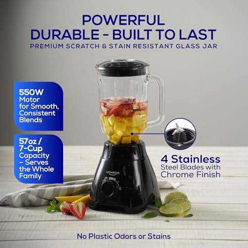Universal 550W Mass Vital Blender - Glass Jar 57 Oz/1.8 Quart/1.7 Liter - 7-cup, 2 Speed + Pulse Function and 4 Stainless Steel Blade with Chrome Steel Technology