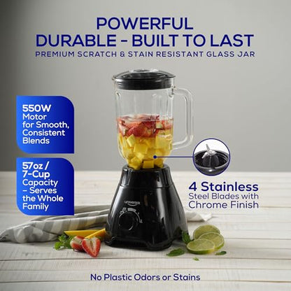 Universal 550W Mass Vital Blender - Glass Jar 57 Oz/1.8 Quart/1.7 Liter - 7-cup, 2 Speed + Pulse Function and 4 Stainless Steel Blade with Chrome Steel Technology