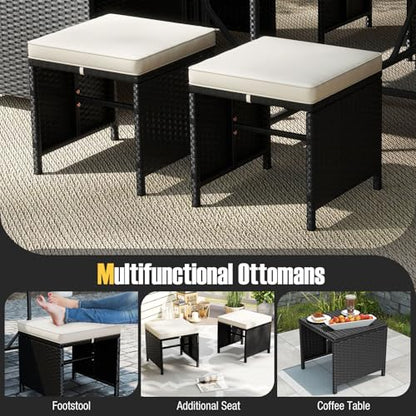 Tangkula 9 Piece Patio Dining Set, Rattan Chairs with Tempered Glass Table & Ottoman, Space Saving Wicker Sectional Conversation Set with Removable Cushions, Outdoor Furniture for Backyard Garden Deck