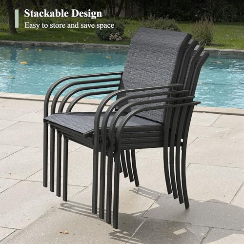 ARKOST 5 Pieces Outdoor Dining Set, Stackable Textilene Paito Chairs & 37.8" Square Dining Table with Umbrella Hole and Shelf, Patio Dining Set for Backyard, Deck, Garden, Grey & Black