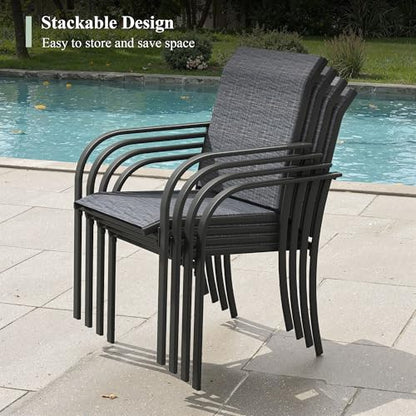 ARKOST 5 Pieces Outdoor Dining Set, Stackable Textilene Paito Chairs & 37.8" Square Dining Table with Umbrella Hole and Shelf, Patio Dining Set for Backyard, Deck, Garden, Grey & Black