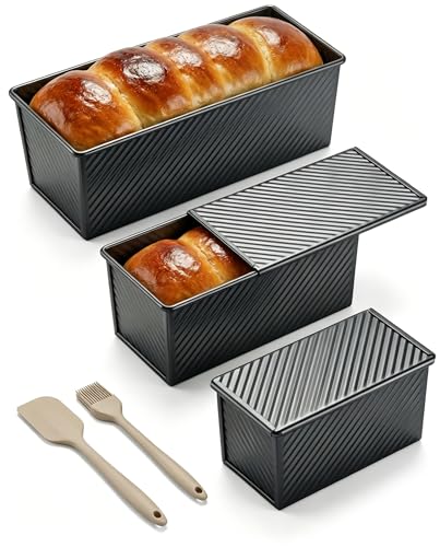CARTMAN 3-Piece Pullman Loaf Pan with Lid Set – Non-Stick Carbon Steel Bread Pan with Bottom Vents – Includes Large (12.4"), Medium (8.2") & Mini (6.3") Sizes plus Silicone Tools – Classic Black