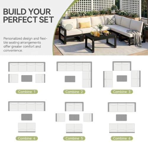 Polyhouz Outdoor Furniture with Cushions, Patio Furniture Set, 7-Piece L Shaped Outdoor Couch Sets 6 Seats, HDPE Patio Sectional Sofas for Porch, Deck, Backyard, Black