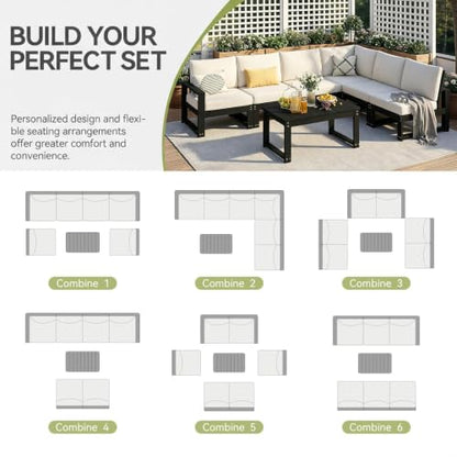 Polyhouz Outdoor Furniture with Cushions, Patio Furniture Set, 7-Piece L Shaped Outdoor Couch Sets 6 Seats, HDPE Patio Sectional Sofas for Porch, Deck, Backyard, Black
