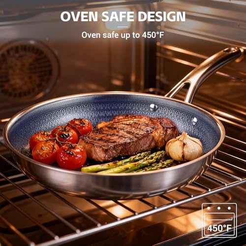 Ammeloo Hybrid Tri-Ply Stainless Steel Frying Pan Set, 8"/9.5"/11" Cooking Pans, Non Stick Frying Pans and Skillets, Chef Pan, Non Toxic, Dishwasher Safe, Induction Compatible, Blue Interior