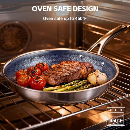 Ammeloo Hybrid Tri-Ply Stainless Steel Frying Pan Set, 8"/9.5"/11" Cooking Pans, Non Stick Frying Pans and Skillets, Chef Pan, Non Toxic, Dishwasher Safe, Induction Compatible, Blue Interior