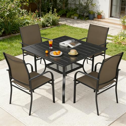 SUNCROWN 5 Pieces Outdoor Dining Set, Patio Furniture Set with 4 x Textilene Dinning Chairs and 1 Steel Slat Metal Bistro Table for Lawn Garden Backyard Deck - Brown