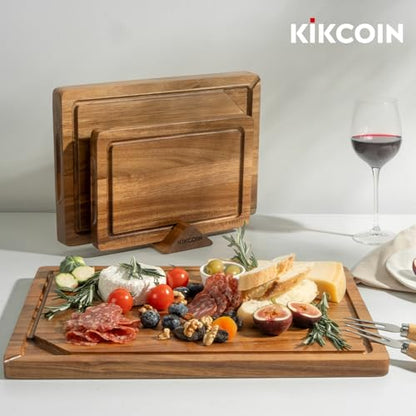 Acacia Wood Cutting Boards for Kitchen, Kikcoin 3 PCS Wooden Cutting Board Set with Holder, Chopping Board with Compartments and Juice Groove, Solid Charcuterie Boards Serving Tray Wood Butcher Block