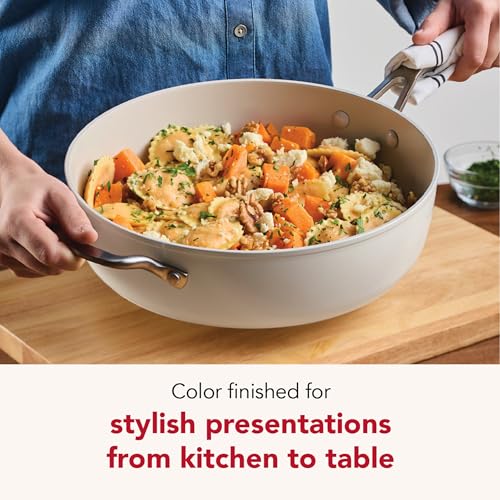KitchenAid Hard Anodized Ceramic Induction Nonstick Cookware Saute Pan/Jumbo Cooker with Lid and Helper Handle, Dishwasher Safe, 5 Quart Sauteuse with Stainless Steel Handles - Porcelain White
