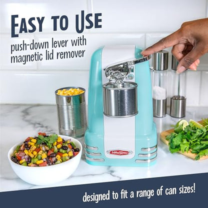Nostalgia Retro Electric Can Opener for Kitchen with Magnetic Lid Remover, Knife Sharpener, and Soda or Beer Bottle Opener, Aqua