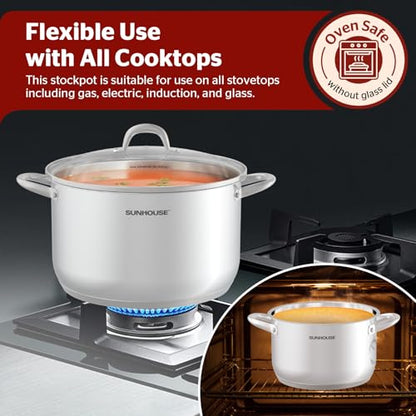 Sunhouse Stock Pot with Lid - 16 QT Large Pot for Cooking Pasta, Soup, Spaghetti - Impact Bonding Base Big Stainless Steel Pots for Canning, Boiling - Oven Safe & Induction Compatible Cookware