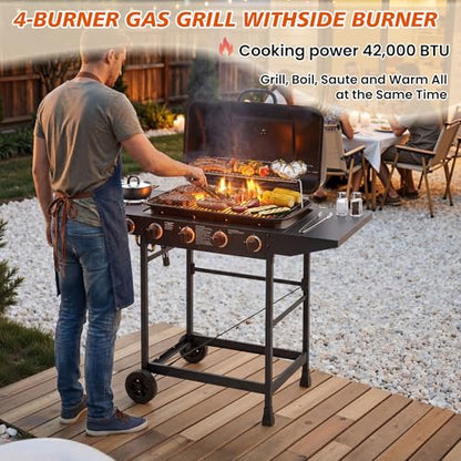 4 Burner Gas Grills, Outdoor Cooking Propane Gas Grills with Side Burner 24000 BTU, BBQ Propane Gas Grill with Enameled Grates & Side Tables for Kitchen Patio Backyard (4 Burner)