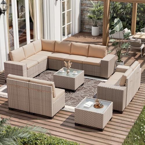 Aukreolis 12 Pieces Patio Furniture Set, Outdoor Sectional Wicker Sofa with Thickened Cushions and Coffee Table, High Back Rattan Patio Conversation Sets for Garden Backyard, Khaki