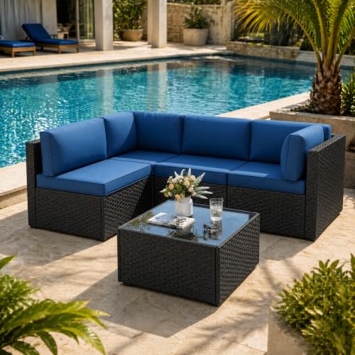 SUNLEI 5 Piece Patio Furniture Set, Outdoor Rattan Sectional Sofa with Coffee Table, Low-Back Modular Patio Conversation Set with Washable Cushions, Black Rattan, Aegean Blue
