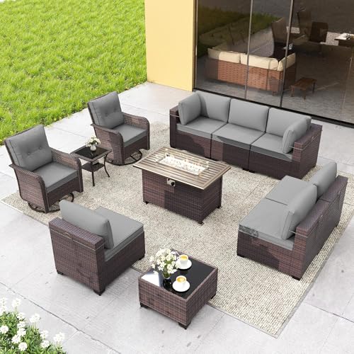Gotland 11 Pieces Patio Furniture Set with Fire Pit Table Swivel Chairs, PE Rattan Outdoor Furniture with 29.5'' High Backrest 4’’ Thick Cushions, Outdoor Sectional for Porch, Deck, Garden, Grey