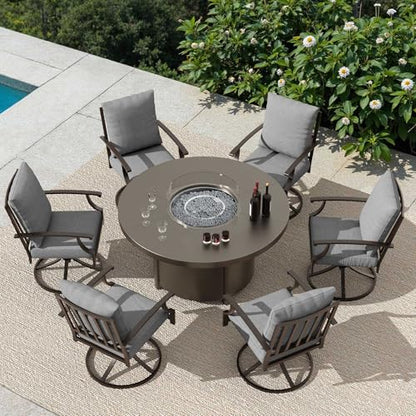 Trumbeak 7 Piece Metal Outdoor Patio Furniture Set with 48"/55000 BTU Round Fire Pit Table,Outdoor Dining Table Set 6 Swivel Chairs No-Slip Cushions and Waterproof Covers,Grey