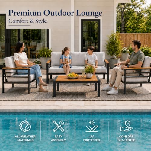 Relax Tree Aluminum Outdoor Patio Furniture, 5 Piece 7-Seat Conversation Set with 2 Chairs, Loveseat, 3-Seat Sofa and Coffee Table, Thick Cushions, Waterproof Covers, Gray