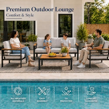 Relax Tree Aluminum Outdoor Patio Furniture, 5 Piece 7-Seat Conversation Set with 2 Chairs, Loveseat, 3-Seat Sofa and Coffee Table, Thick Cushions, Waterproof Covers, Gray