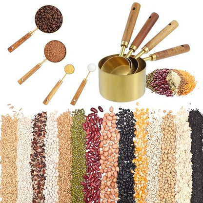 PercyEffie 8 Pcs Gold Measuring Cups and Spoons Set, Stainless Steel Measuring Cups with Wood Handles, 4 Stackable Wooden Measuring Cups and 4 Measuring Spoons Set for Kitchen Cooking and Baking