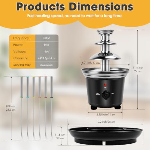 16oz Chocolate Fountain, 3-Tier MINI Chocolate Fondue Fountain with 6PCS Fondue Fork and Removal Tray for Treats/Fruits/Nuts