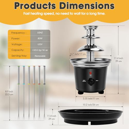 16oz Chocolate Fountain, 3-Tier MINI Chocolate Fondue Fountain with 6PCS Fondue Fork and Removal Tray for Treats/Fruits/Nuts