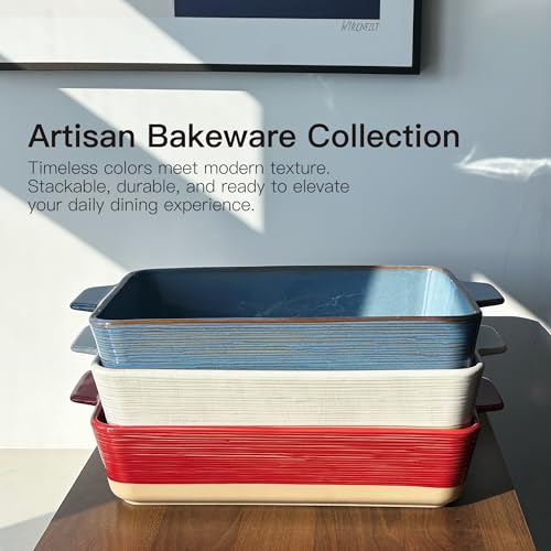 Dafuceramic Casserole Dish for Oven, 4.2 QT Baking Dish, 9x13 Large Porcelain Baking Pan, Durable Rectangular Lasagna Pan Deep with Handles, Microwave Oven Safe, Home Decor, Wedding Gift, (Khaki & Blue)