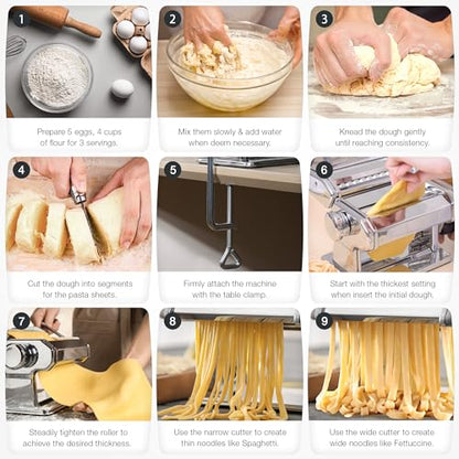 3-in-1 Pasta Maker, 9 Thickness Settings, Dough Rollers & 2 Size Cutters