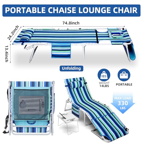 3-in-1 Beach Chair Face Holes, Lounge Chair Outdoor with Folding Side Table, 5-Position Recliner, Lay Flat, Removable Pillow, Heavy Duty, Max 330lbs, Poolside, Patio, Camping, Backyard Striped Blue