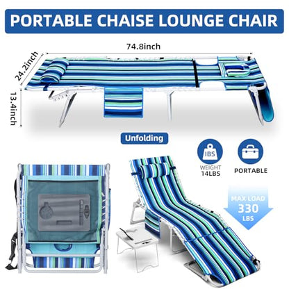 3-in-1 Beach Chair Face Holes, Lounge Chair Outdoor with Folding Side Table, 5-Position Recliner, Lay Flat, Removable Pillow, Heavy Duty, Max 330lbs, Poolside, Patio, Camping, Backyard Striped Blue