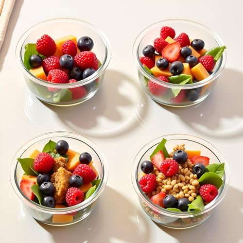 B.GUBOBOYA 12OZ Round Glass Food Storage Containers With Lids, 1.5 Cup Round Meal Prep Containers with Lid BPA-Free, Small Glass Food Bowl for Soup Leftover, Microwave, Dishwasher, Freezer Safe-4 Pack
