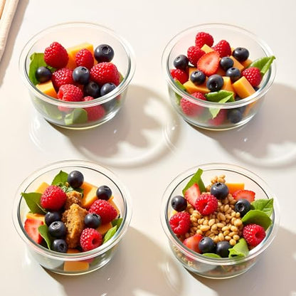 B.GUBOBOYA 12OZ Round Glass Food Storage Containers With Lids, 1.5 Cup Round Meal Prep Containers with Lid BPA-Free, Small Glass Food Bowl for Soup Leftover, Microwave, Dishwasher, Freezer Safe-4 Pack