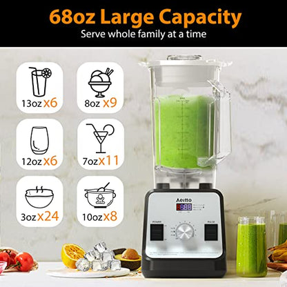 Aeitto Blender for Kitchen, 68 Oz Large Capacity Professional Countertop Blender, 1500-Watt Smoothie Blender for Ice Crush, Frozen Drinks, Grey