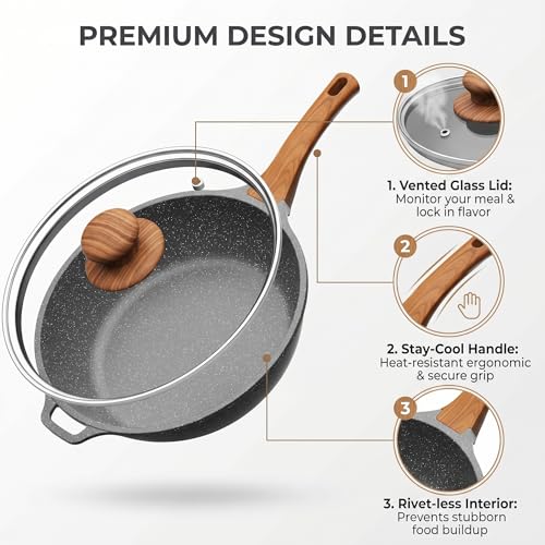 YASHE 12 Inch Nonstick Saute Pan with Glass Lid, 5 QT Large Deep Skillet & Frying Pan, Healthy Granite Stone Cookware for Family, One Pan Replaces Five, Induction Compatible, PFOA Free
