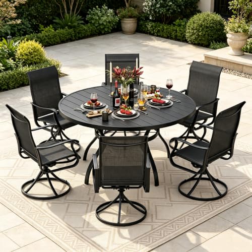 SUNCROWN 7-Piece Outdoor Patio Dining Set, All Weather Round Metal Table & 6 Black Swivel Textilene Mesh Chairs, Weather Resistant Patio Furniture for Deck Lawn Garden Backyard Poolside