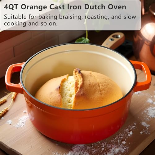 YJX Cast Iron Dutch Oven Pot with Lid, Enameled Cast Iron Pot, Orange Bread Dutch Oven, 4QT Heavy-Duty Cookware Oven Safe to 500°F for Bread Baking, Braising, Stews, Roasting