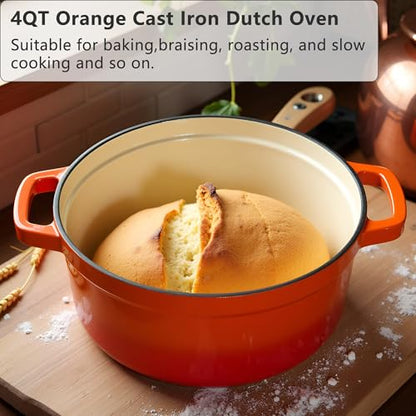 YJX Cast Iron Dutch Oven Pot with Lid, Enameled Cast Iron Pot, Orange Bread Dutch Oven, 4QT Heavy-Duty Cookware Oven Safe to 500°F for Bread Baking, Braising, Stews, Roasting