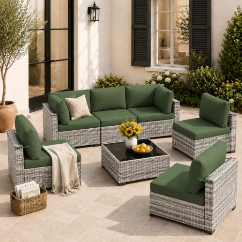 LOUVIXA 7 Piece Outdoor Patio Furniture Set, Outdoor Sectional Sofa, Wicker Rattan Patio Furniture, Patio Conversation Set with Coffee Table & Cushions