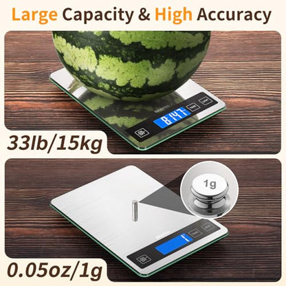 BakFee Food Scale, 33lb Digital Kitchen Scale with Stainless Steel & Tempered Glass, USB Rechargeable, 1g/0.05oz Precise Weighing, Splash-Resistant and Sturdy Surface, for Cooking, Baking, Weight Loss
