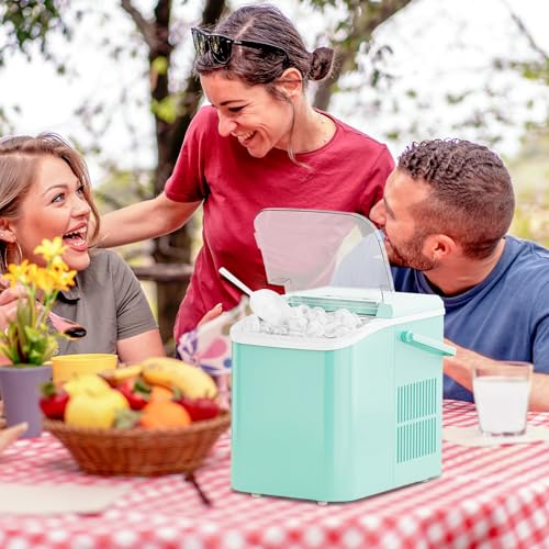 KMFurnila Ice Makers Countertop, Portable Ice Machine with Handle, 6 Mins 9 Bullet Cubes with Basket and Scoop, 26lbs in 24Hrs, Auto-Cleaning, for Home, Kitchen, RV, Camping, Green