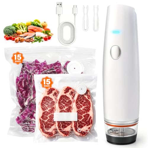 -80kPa Compact Vacuum Sealer for Food (Vacuum Sealer Machine + 30 Reusable Bags), 1200mAh Rechargeable Handheld Vacuum Sealer Machine Portable Mini Food Sealer for Sous Vide & Meal Prep-cold white