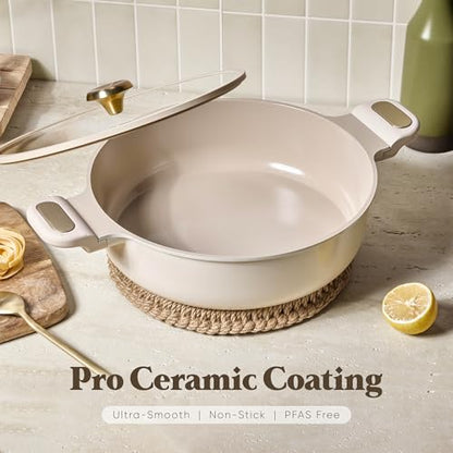 CAROTE 4.5Quart Stock Pot with Lid, Non Toxic Ceramic Soup Pot, Nonstick Cooking Pot, PFAS Free, Dishwasher Safe, Even Heating, Compatible with All Stoves, Light Taupe